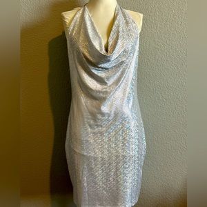 Silver Draped collar tie back halter dress
